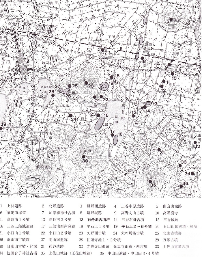 三谷地区の遺跡分布図